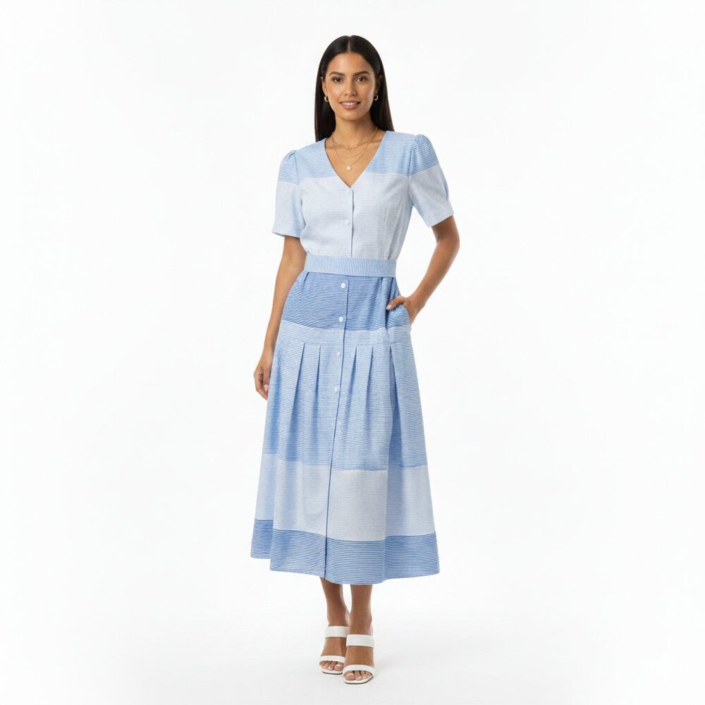 Beulah Style Midi Dress M Blue White Striped Button Front Short Sleeve Tie Belt